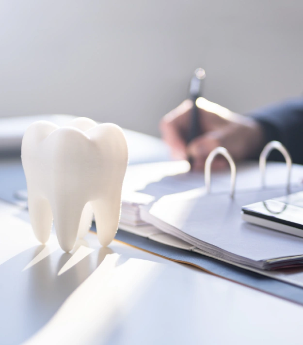 White tooth model on dental desk with mirror and tools in background.
