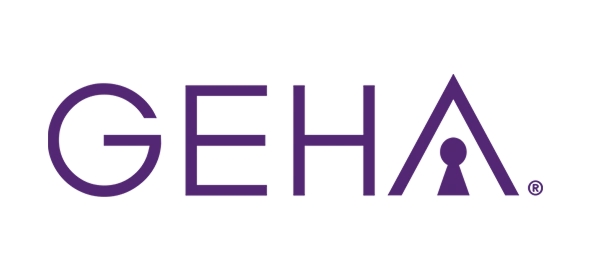 GEHA logo featuring purple text and triangular symbol representing dental insurance provider.